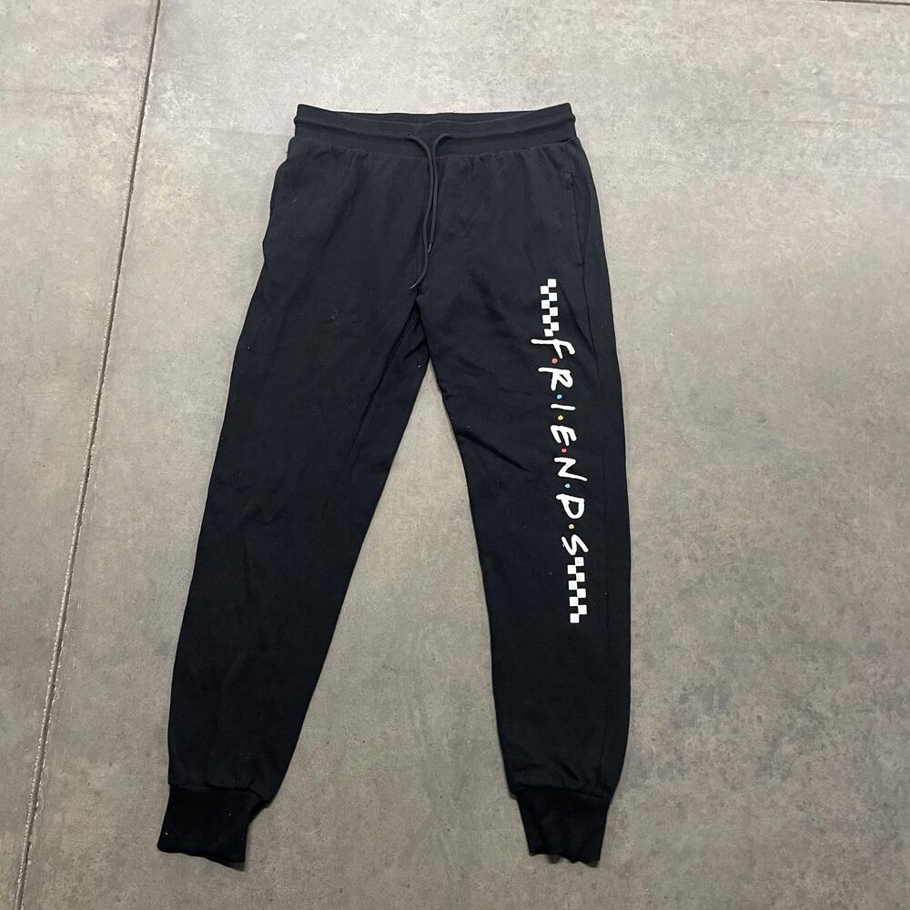 Friends Pants Mens Small Black Joggers Drawstring Checkered Graphic Sweatpants